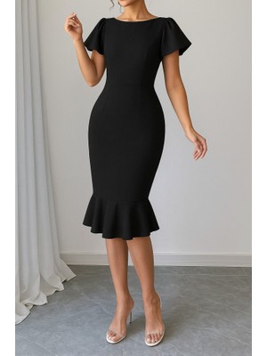 Indispensablely Kadın Kısa Kollu Yuvarlak Yaka Pileli Janjan Krep Elbise