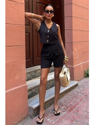 Indispensablely Mini Yelekli Şortlu Keten Takım 10176-08