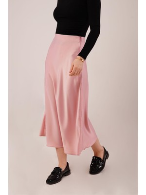 Indispensablely Çan Kesim Midi Pembe Saten Etek