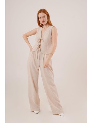 Indispensablely Ön Bağlama Detaylı Yelek ve Pantolon Taş Ikili Takım