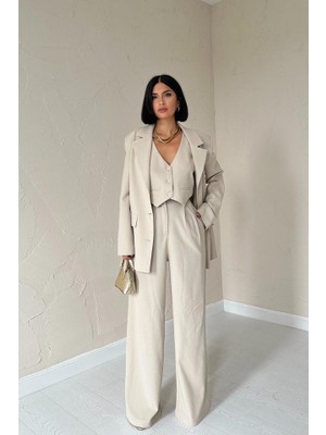 Indispensablely Bej Klas Ceket ve Yelek ve Pantolon Takım