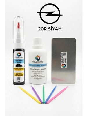 COLORGUARD Opel 20R Safir Siyahı İğneli ve Fırçalı 2 si 1 Arada Rötuş Boyası Yüzey Temizleme Solüsyonu Profesyonel ve Çapaksız Rötuş Çeliği 5'li Uygulama Çubuğu Seti