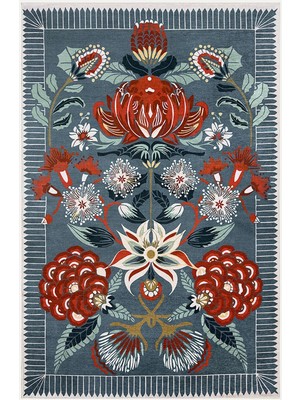 Kilim Home Yeşil Temalı Kırmızı Gül Tonlarında Klasik Modeli Pamuk Dokuma Saçaklı Yakanabilir MARS2179