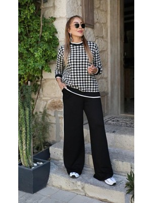 Indispensablely Kadın Uzun Kollu Bisiklet Yaka Kazayağı Desenli Iki Iplik Bluz ve Viskon Iki Iplik Pantolon Ikili T