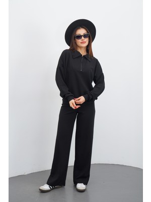 Dı Loria Kadın Siyah Renk Eşofman Takım Oversize Fermuarlı Sweatshirt Pantolon