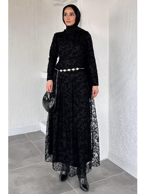 Julude Kadın Astarlı Flok Baskılı Tesettür Elbise P-00020410