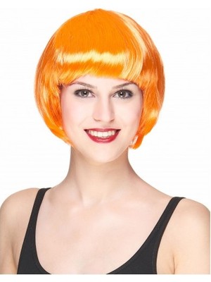 İsmiyle Al Neon Turuncu Renk Açık Turuncu Küt Parti Peruğu