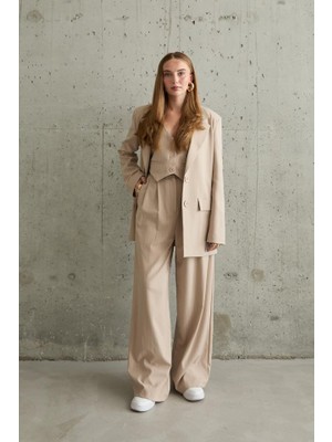 Indispensablely Bej Çizgili Ceket - Yelek ve Pantolon Takım