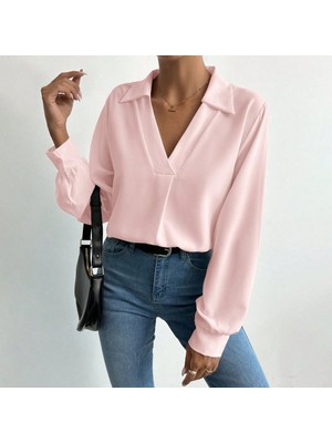 Indispensablely Kadın V Yaka Uzun Kollu Mosskrep Kumaş Bluz