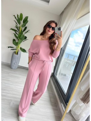Indispensablely Kadın Uzun Kollu Tek Omuzdan Açık Dalgıç Bluz ve Pantolon Ikili Takım