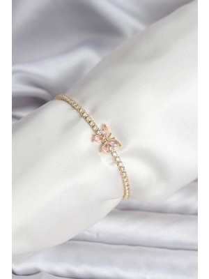İsmiyle Al Kelebek Model Zirkon Taşlı Gold Renk Pirinç Su Yolu Kadın Bileklik