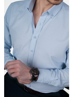 Etikmen Açık Mavi Yaka Düğmeli Premium Şamre Slimfit Erkek Gömlek