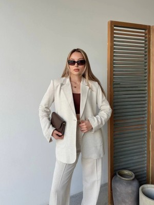 Indispensablely Keten Ceket Pantolon Ikili Takım - Beyaz