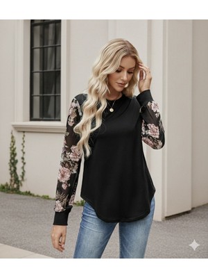 Indispensablely Kadın Uzun Kollu Bisiklet Yakalı Kolun Çiçek Desenli Viskon Iki Iplik Bluz