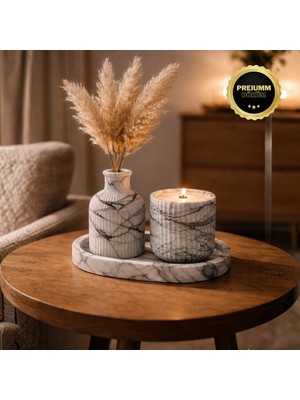 Şık ve Zarif Dekoratif  Beton Vazo, Tepsi ve Mumluk Seti