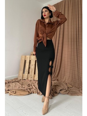 Indispensablely Siyah Fiyonk Detaylı Etek