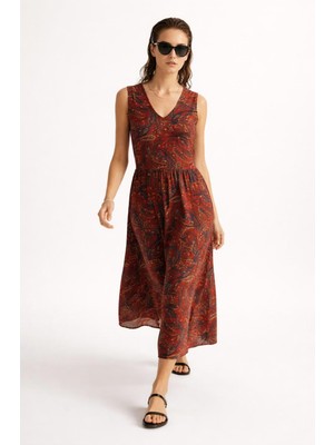 2'li Kadın Tropik Kırmızı Desenli Yazlık V Yakalı Keten Elbise ve Polyester Krep Askılı Bordo Elbise