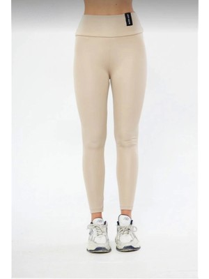 Indispensablely Kışlık Yüksek Bel Toparlayicı ve Sıkılaştırıcı Likralı Şardonlu Tayt - Bej