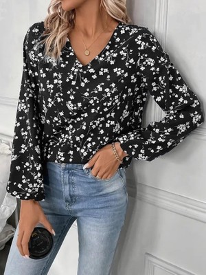 Indispensablely Kadın Uzun Kollu V Yakalı Çiçek Desenli Modal Bluz