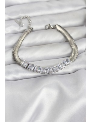 İsmiyle Al 316L Çelik Gümüş Renk Kare Zirkon Taşlı Yılan Zincirli Kadın Bileklik