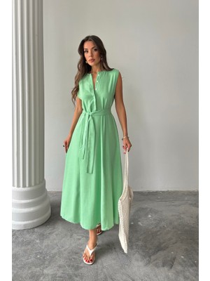 Indispensablely Keten Elbi̇se Kolsuz Bel Bağlamali Maxi̇ Elbi̇se - Yeşil