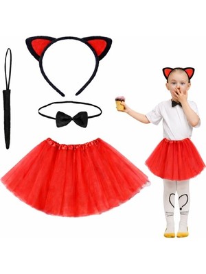 İsmiyle Al Kırmızı Renk Etekli Kedi Kostüm Seti (Tütü, Taç, Papyon, Kuyruk)
