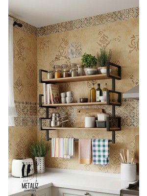 Metaliz Metal Gövdeli Ahşap Raflı Duvar Tipi Mutfak Düzenleyici – 60×60 cm