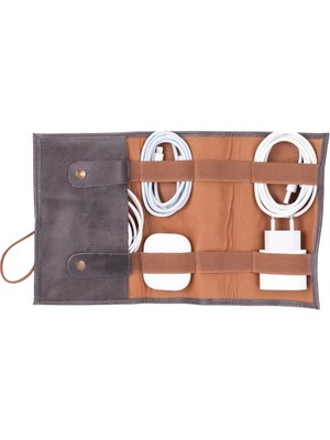 İsmiyle Al Deri Kablo Aksesuar Taşıma Çantası Antik Gri