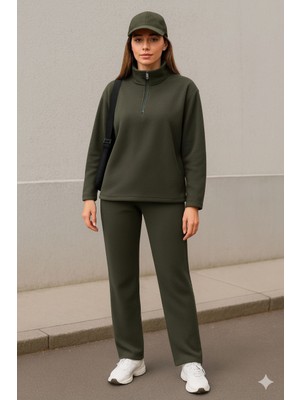 Indispensablely Kadın Balıkçı Yaka Fermuar Detay Sweat ve Pantolon Ikili Takım