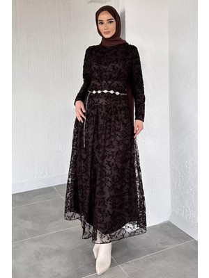 Julude Kadın Astarlı Flok Baskılı Tesettür Elbise P-00020410