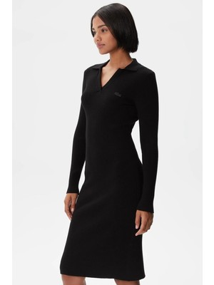 Lacoste Slim Fit V Neck Ribbed Dress Kadın Dar Kesim V Yaka Elbise Siyah