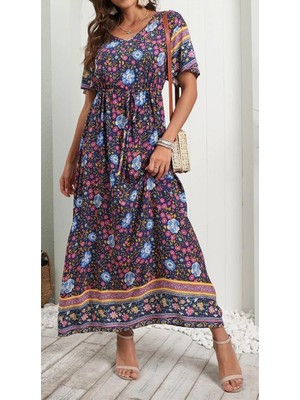 Indispensablely Kadın Kısa Kollu Beli Lastikli Çiçek Desen Tam Boy Elbise