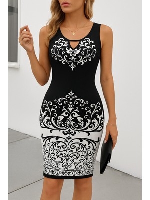 Indispensablely Kadın Askılı V Yakalı Desenli Dalgıç Elbise