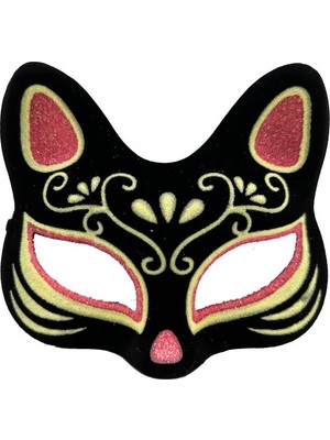 İsmiyle Al Siyah Süet Kırmızı Sarı Simli Kedi Maskesi