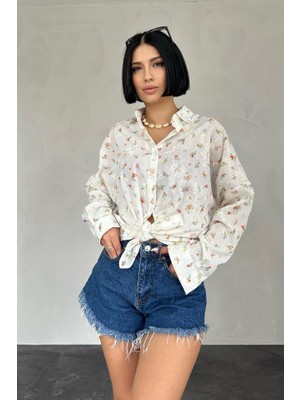 Indispensablely Oranj Brode Çiçek Nakışlı Klasik Gömlek