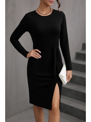 Indispensablely Kadın Uzun Kollu Bisiklet Yaka Kuşaklı Kruvaze Yırtmaç Detay Viskon Elbise