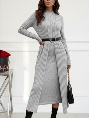 Indispensablely Kadın Uzun Kollu Yarı Balıkçı Yaka Şardonlu Kaşkorse Elbise ve Uzun Hırka Ikili Takım