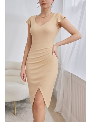 Indispensablely Kadın Kısa Kollu Kalp Yaka Yanlardan Büzgü Detay Midi Ithal Krep Elbise