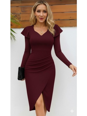 Indispensablely Kadın Uzun Kollu Kalp Yaka Önden Çapraz Detaylı Midi Ithal Krep Elbise