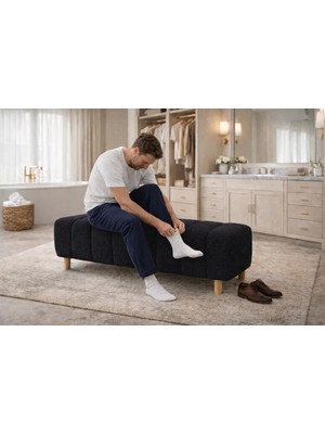 Ringo 12 cm Ahşap Ayaklı Puf Benç Giyinme Odası ,antre,salon 120 cm Uzun Puf Welsoft Kuzu Kumaş