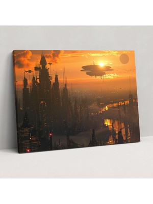 Popcas  Leonardo Da Vinci Tarzında Gelecekten Görünüm Şehir Manzaralı Kanvas Tablo - Duvar Sanatı