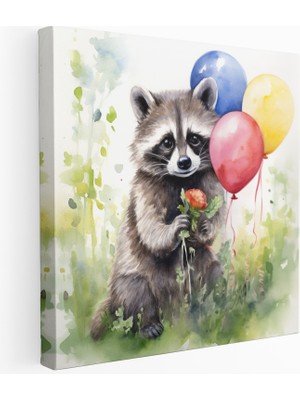 Popcas  Suluboya Kanvas Tablo Tatlı Rakun Balon