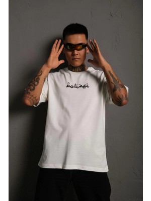 Bisiklet Yakalı Sırt Baskılı Oversize T-Shirt - Beyaz