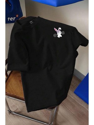 Oksit Gym Bunny - Halter Kaldıran Tavşan Baskılı Unisex Oversize Pamuklu Tişört