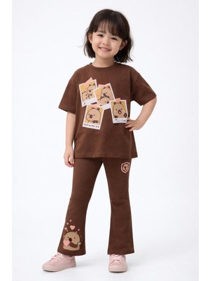 Monila Kız Çocuk Pamuklu Kahverengi Baskılı T-Shirt ve Fitilli Ispanyol Paça Tayt 2'li Takım