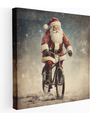 Popcas  Noel Duvar Sanatı Retro Noel Baba Kanvas Tablo Vintage Bisiklet