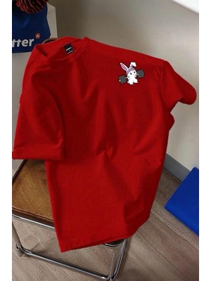 Oksit Gym Bunny - Halter Kaldıran Tavşan Baskılı Unisex Oversize Pamuklu Tişört