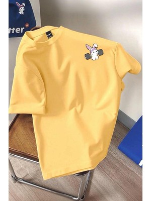 Oksit Gym Bunny - Halter Kaldıran Tavşan Baskılı Unisex Oversize Pamuklu Tişört