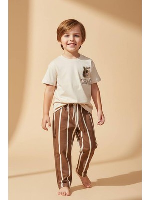 Monila Erkek Çocuk Pamuklu Ayıcık Baskılı T-Shirt ve Çizgili Eşofman Altı 2'li Takım