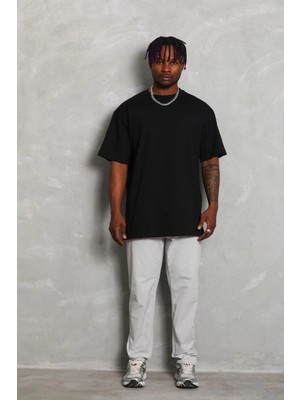 Oversize Düz Bisiklet Yaka T-Shirt - Siyah